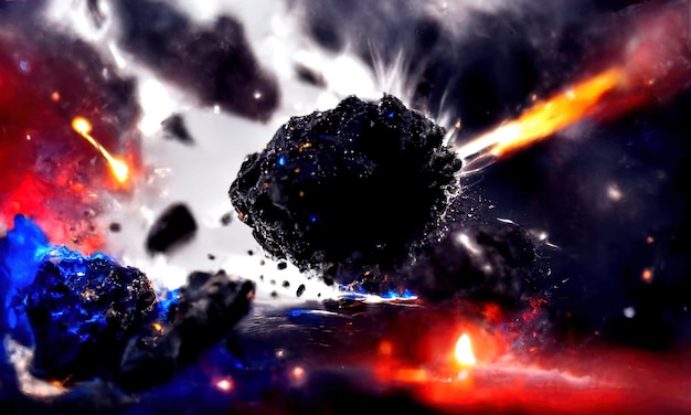 Fall eines großen Meteoriten auf dem Planeten Druckwelle des Urknalls durch die Kollision des Meteoriten Meteorit Explosion von Funken und Feuer Schwarzer Galaxienhintergrund 3D-Rendering