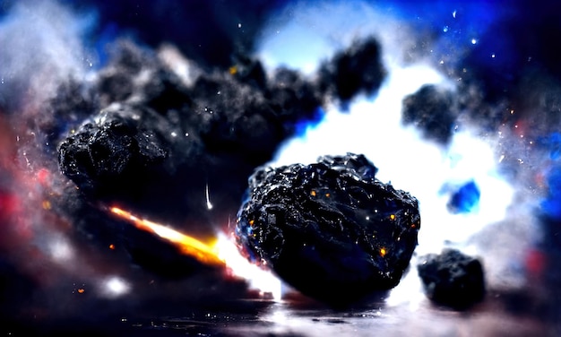 Fall eines großen Meteoriten auf dem Planeten Druckwelle des Urknalls durch die Kollision des Meteoriten Meteorit Explosion von Funken und Feuer Schwarzer Galaxienhintergrund 3D-Rendering