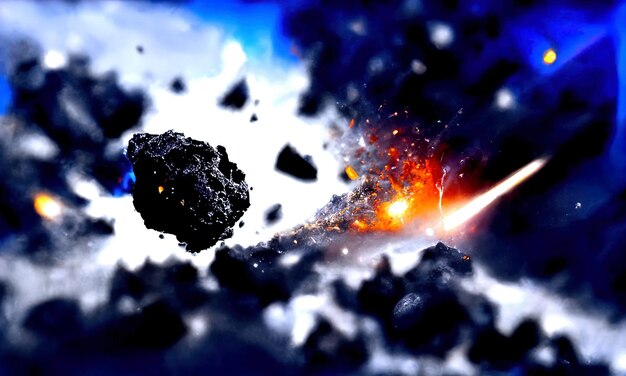 Foto fall eines großen meteoriten auf dem planeten druckwelle des urknalls durch die kollision des meteoriten meteorit explosion von funken und feuer schwarzer galaxienhintergrund 3d-rendering