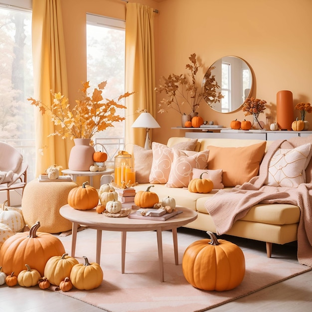 Fall Home Decor em uma paleta de laranja pastel e amarelo