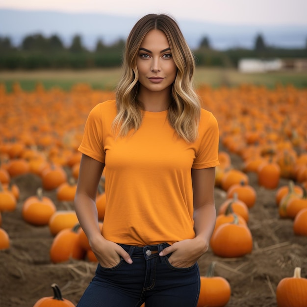 Fall Vibes Mujeres luciendo cómodas camisetas en blanco en una granja de calabazas