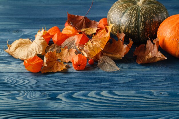 Fallblatt auf blauem hölzernen Hintergrund