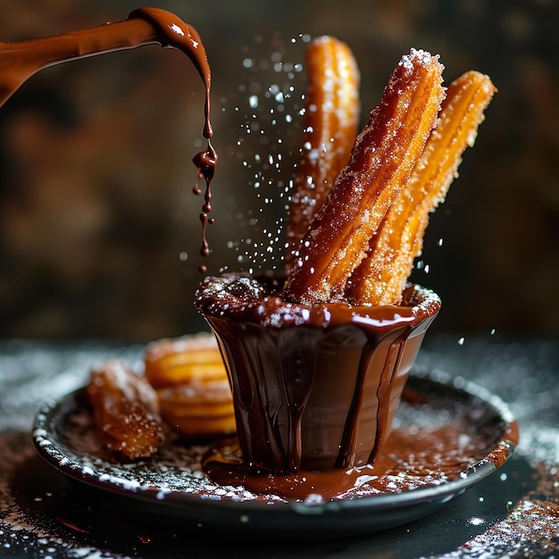 Fallende Churros mit einer Seite von Schokolade Ai generativ