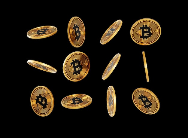 Fallende goldene und schwarze Kryptowährung Bitcoin Abgerundete Münzen auf schwarzem Hintergrund 3D-Illustration