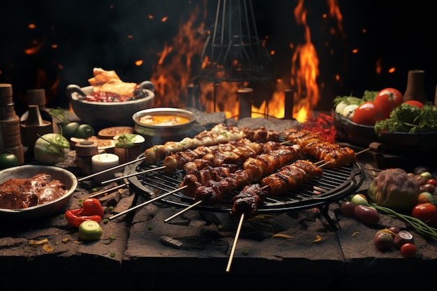 Fallende Grillbarbecue BBQ gegrillte Garnelen mit Knoblauchhälften ...
