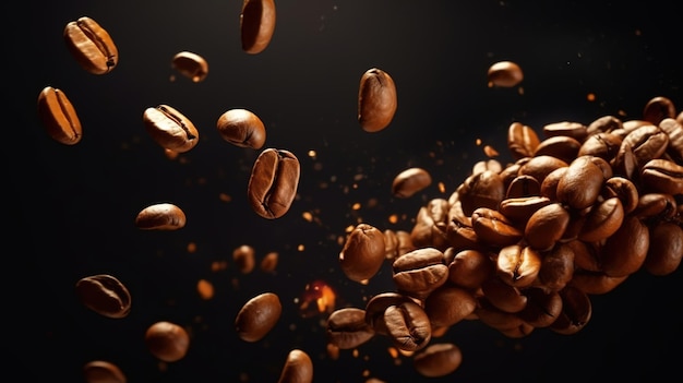 Fallende Kaffeebohnen auf dunklem Hintergrund