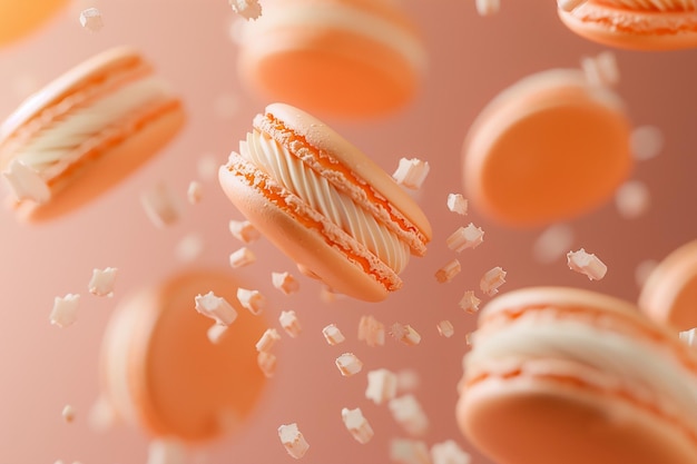 Fallende Pfirsich-Fuzz-farbige Macaroons trendige Farbe Hintergrund 2024