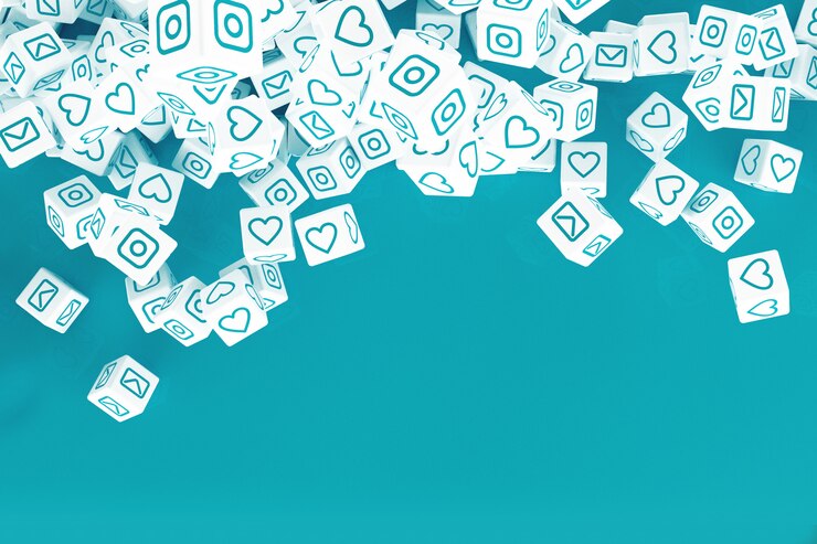 fallende Würfel mit Symbolen von Social-Media-Aktivitäten. 3D-Illustration