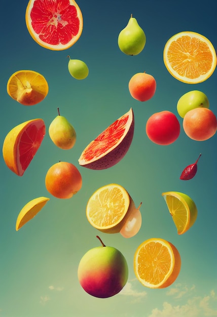 Fallender Fruchtzusammensetzungshintergrund, Äpfel, Orangen und andere Früchte