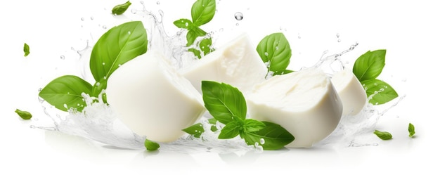 Fallender Mozzarella-Käse isoliert auf weißem Hintergrund Generative KI