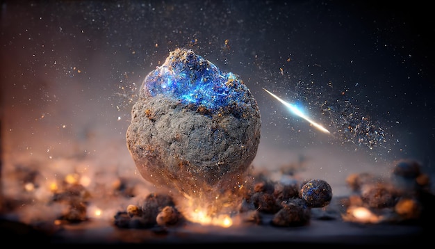 Fallender und zerstörender Asteroid auf dem Planeten vor dunklem Himmel