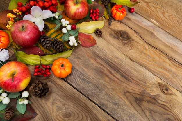 Fallhintergrund mit Äpfeln, Snowberry und weißen Blumen, Kopienraum