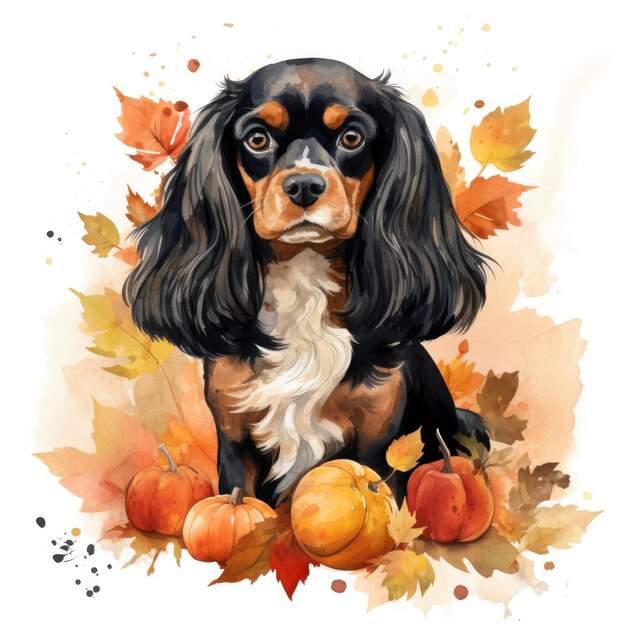 Falling for Autumn Bliss Um retrato vibrante de aquarela de um cão Cavalier preto e castanho em meio a um Bou