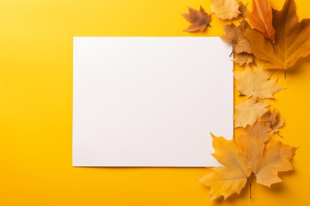 Foto falling into autumn eine lebendige leinwand mit gelbem hintergrund und weißem papier, geschmückt mit blättern ar