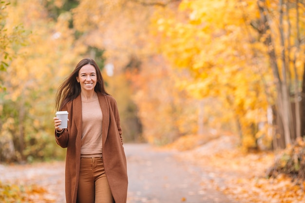 Fallkonzept - trinkender Kaffee der Schönheit im Herbstpark unter Herbstlaub