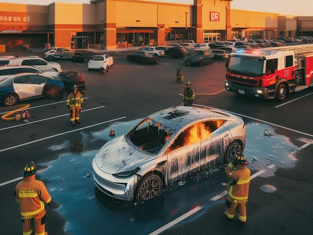 Fallo de la batería del coche eléctrico ev derretido quemado en el estacionamiento el bombero usa espuma para extinguir