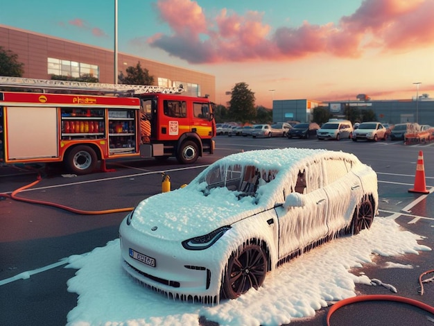 Foto fallo de la batería del coche eléctrico ev derretido quemado en el estacionamiento el bombero usa espuma para extinguir