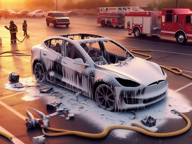 Fallo de la batería del coche eléctrico ev derretido quemado en el estacionamiento el bombero usa espuma para extinguir