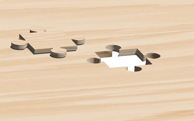 Faltan piezas de madera de rompecabezas en una estrategia de trabajo inacabada y un concepto de negocio de solución