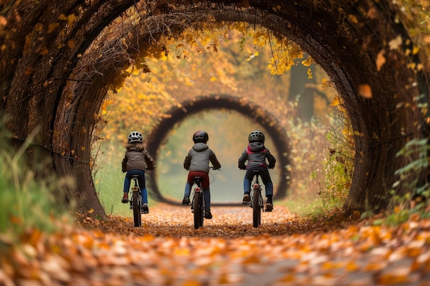 Família a andar de bicicleta através de um túnel de folhas de outono