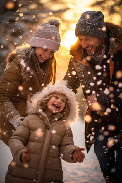 Foto família a brincar na neve.