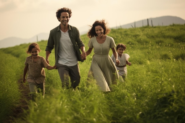 Foto família a caminhar pelo campo.