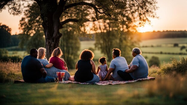 Família aberta moderna e contemporânea de raça mista desfrutando ao ar livre na temporada intermediária ao pôr do sol