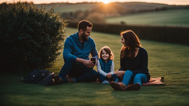 Familia abierta de raza mixta contemporánea y moderna disfrutando al aire libre en temporada media al atardecer