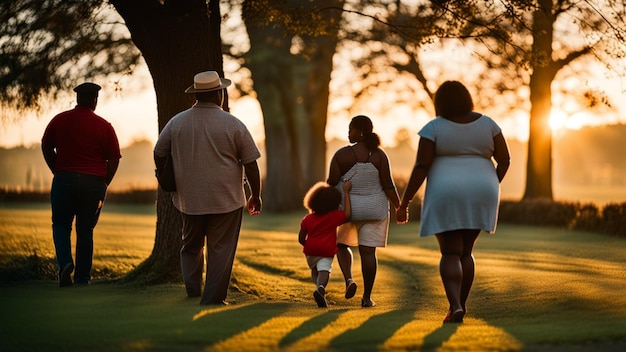 Familia abierta de raza mixta contemporánea y moderna disfrutando al aire libre en temporada media al atardecer