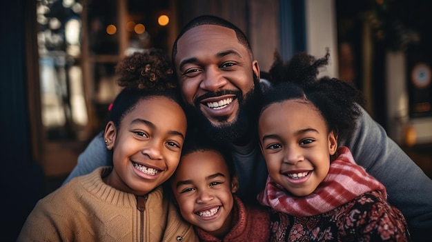 Família abraça um homem afro-americano sorrindo enquanto abraça sua esposa e filha