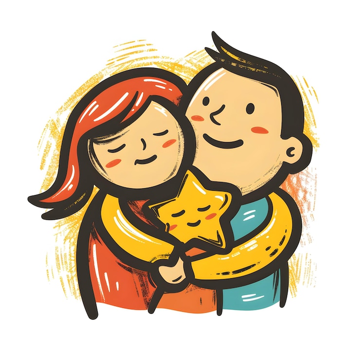 Foto familia abrazándose juntos con el símbolo de la estrella en una ilustración al estilo de dibujos animados de doodle line