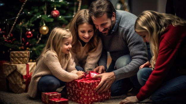 Foto una familia abriendo un regalo de navidad bajo un espacio de texto de árbol de navidad