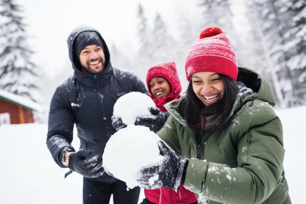 Familia abrigándose para una pelea de bolas de nieve al aire libre