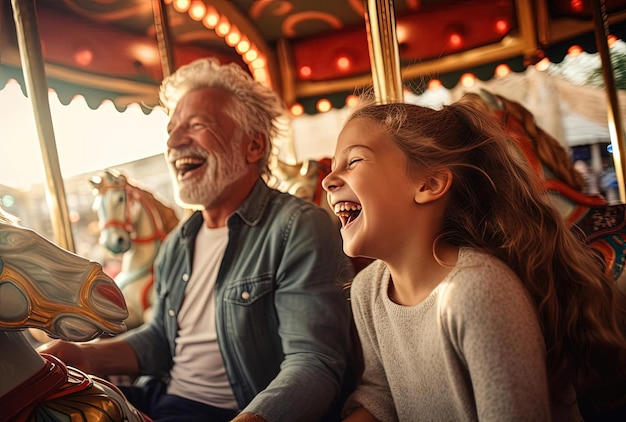 Familia y abuelos riéndose mientras montan en un viejo carrusel al estilo de una experiencia interactiva.