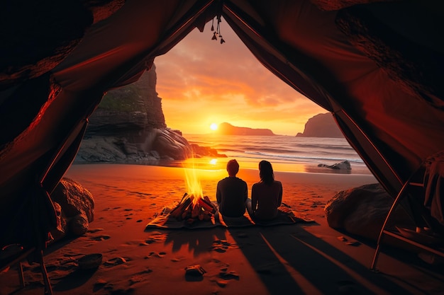 Familia acampando en la playa en una cueva al atardecer con una hoguera