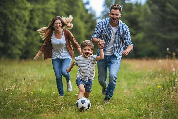 La familia activa juega al fútbol en su tiempo libre.