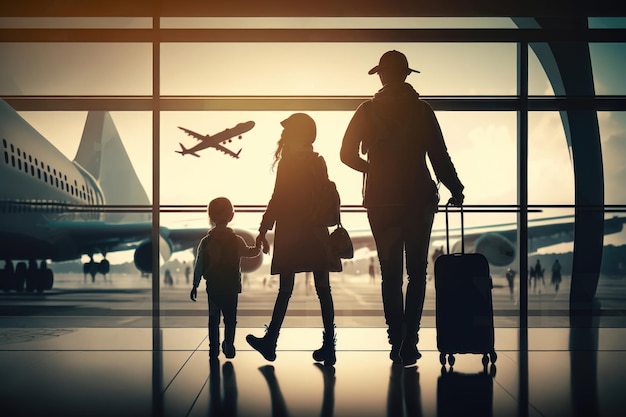 Familia en el aeropuerto que viaja con un niño pequeño y equipaje caminando hacia la puerta de salida Concepto de viaje aéreo Generación AI