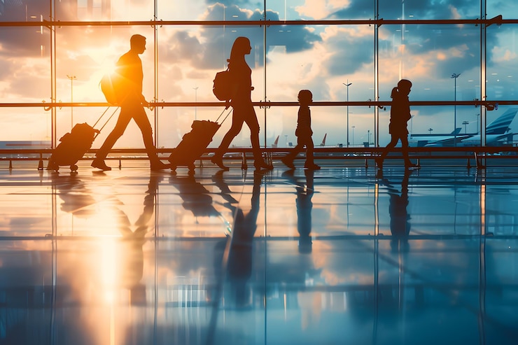 Foto familia en el aeropuerto viajando con un niño pequeño caminando a la puerta de salida vacaciones familiares