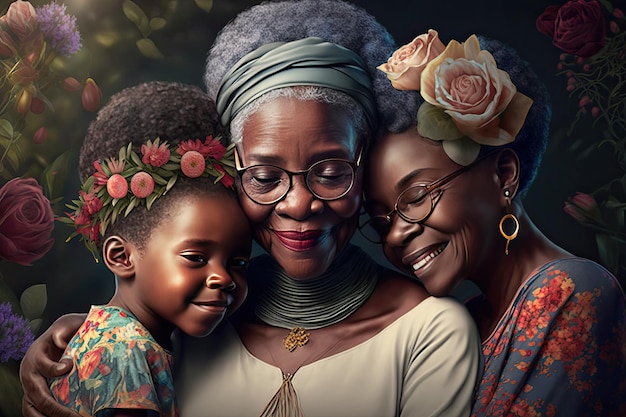 Familia africana Abuela y sus nietos con flores alrededor Diferentes generaciones IA generativa