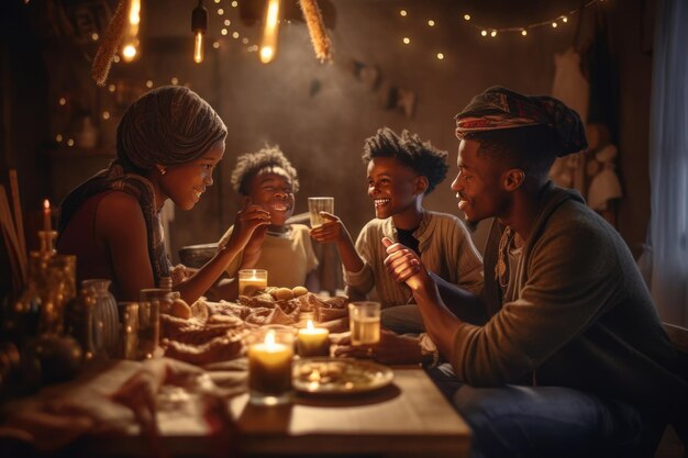 familia africana celebrando el año nuevo en un ambiente cálido en casa por la noche creado con ai