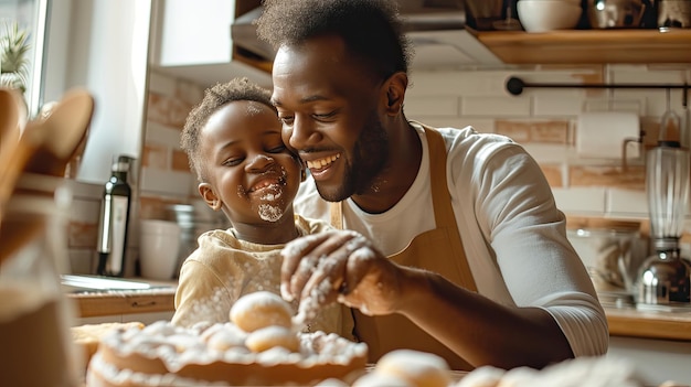 Família africana cozinhando bolo ou biscoito na cozinha juntos Feliz e sorridente filho negro gosta de brincar e tocar o nariz do pai com o dedo e farinha enquanto faz padaria em casa BeHealthy