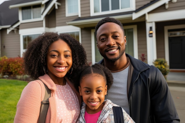 Família afro-americana em frente à casa recém-comprada sorri com orgulho