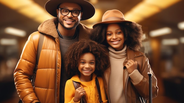 Família afro-americana feliz com malas de viagem no aeroporto