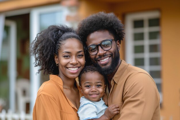 Foto família afro-americana feliz em seus trinta anos em frente à nova casa conceito de aluguel ou hipoteca