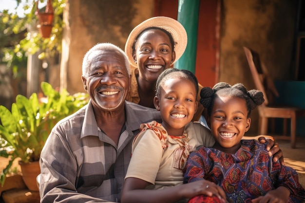 Família afro-americana junta Foto de família do avô com filhos e netos pequenos Filhos e netos visitam pais idosos Valores familiares Cuidando dos idosos