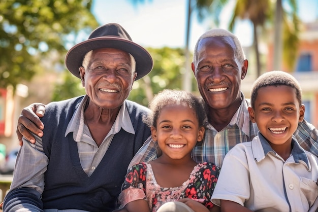 Família afro-americana juntos Foto de família do avô com filhos e netos pequenos Crianças e netos visitam pais idosos Valores familiares Cuidar dos idosos