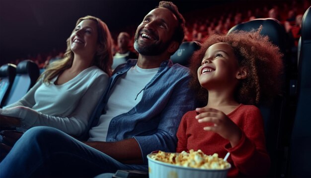 Foto família afro-americana no cinema uma família multiétnica feliz está no cinema