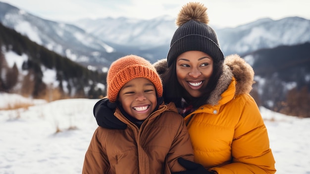 Família afro-americana sorridente feliz mãe com filha montanhas nevadas na estação de esqui durante as férias