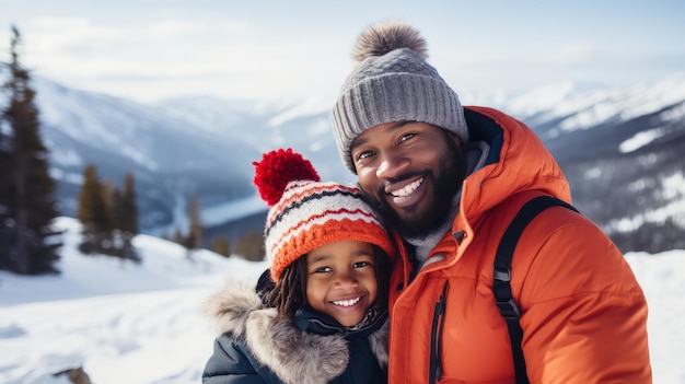 Família afro-americana sorridente feliz pai com filha montanhas nevadas na estação de esqui durante as férias