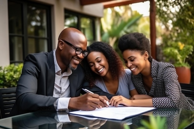 Una familia afroamericana celebra un contrato de arrendamiento o compra de bienes raíces. Reunión de negocios al alquilar y comprar una casa. Apartamento. Hipoteca. Vivienda asequible.